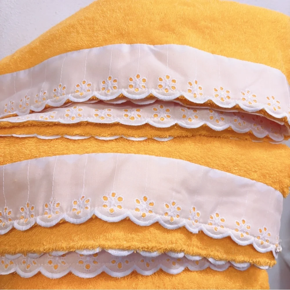 Set of 2 New Butterscotch Yellow Large Beach Towel W White Lace Trim 47”X31”